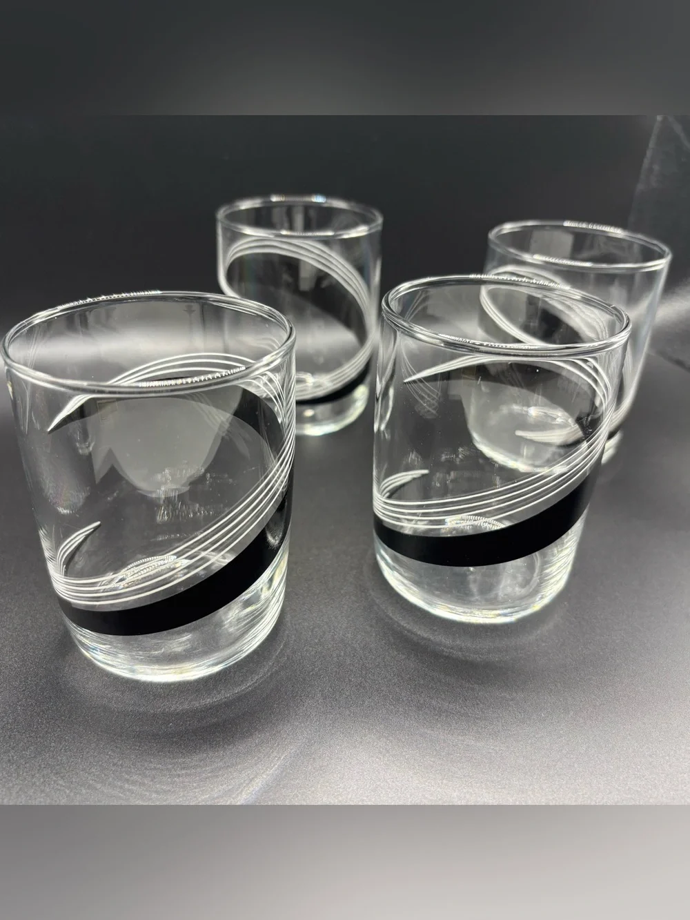 Vintage Libbey Mid-Century Modern Black & White Ribbon Rocks Glasses - Set of 4